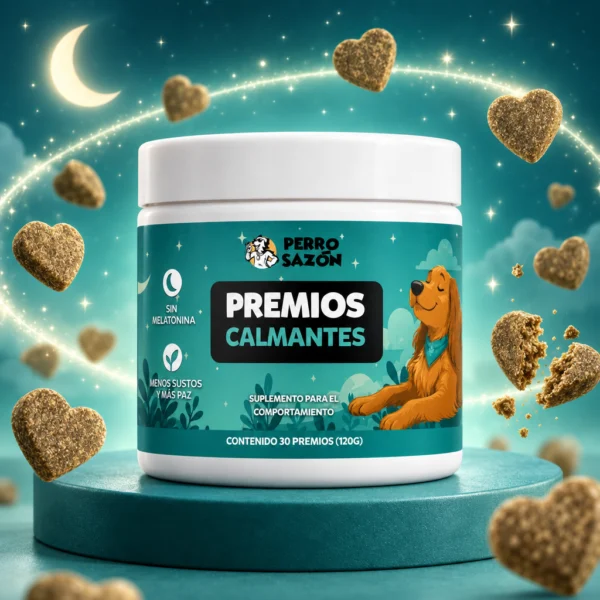 Bote de Premios Calmantes Perro Sazón con premios en forma de corazón
